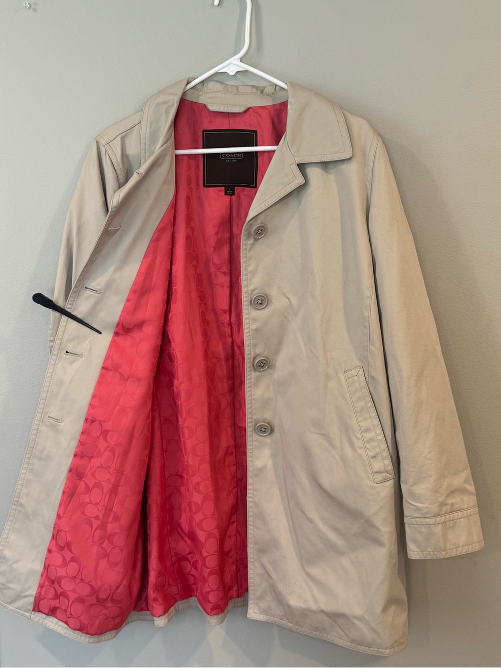 COACH Single Breasted Short Trench Coat Bone L Pink Lining Small Stain See Pic